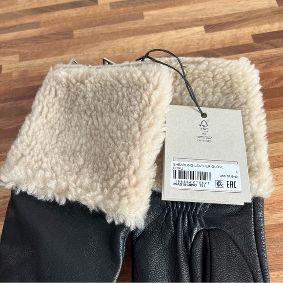 AllSaints Shearling Black Leather Gloves with Ecru Shearling cuff Zipper details - Picture 3 of 13
